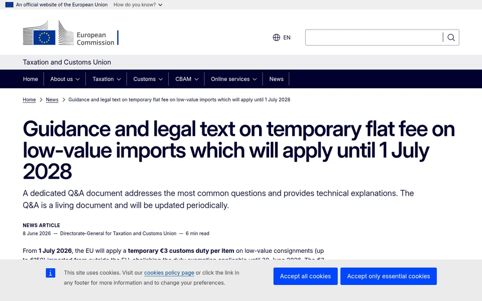 Screenshot of a European Commission web page headed 'Guidance and legal text on temporary flat fee on low-value imports', with a cookie banner across the bottom.