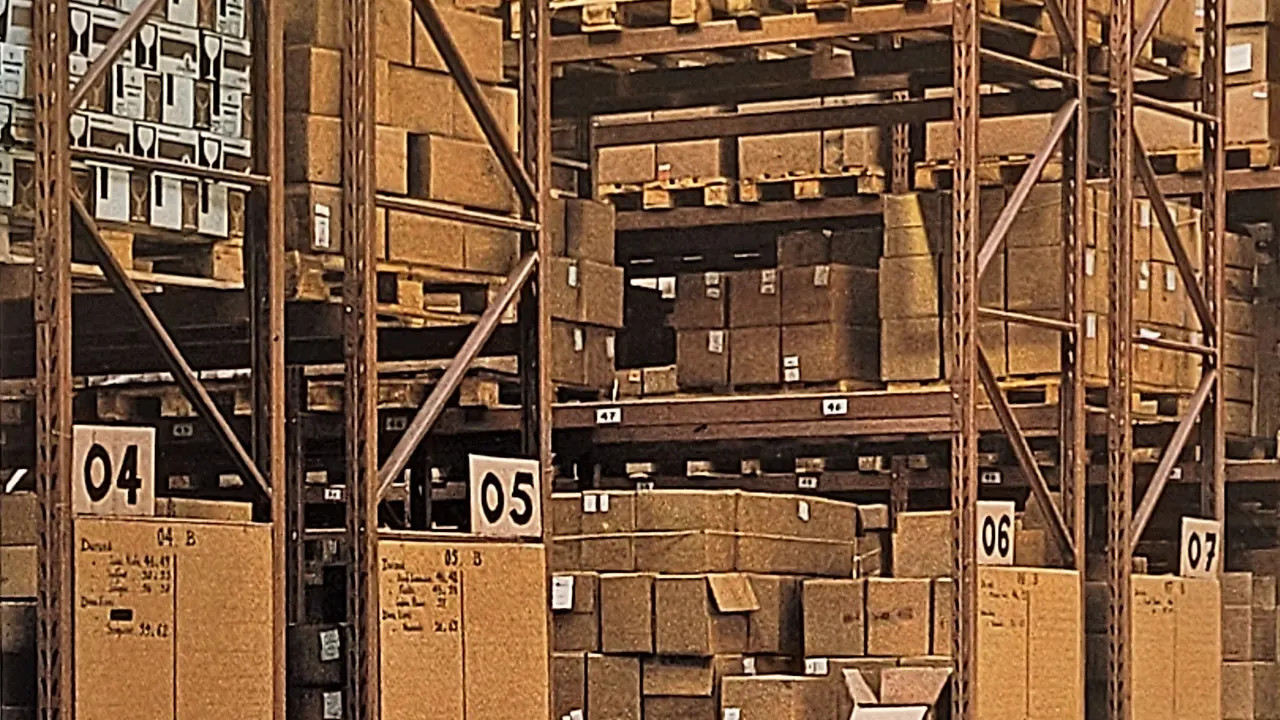 Tall steel pallet racking holds stacked cardboard boxes of stock, with numbered aisle markers 04, 05, 06 and 07 on the racks.