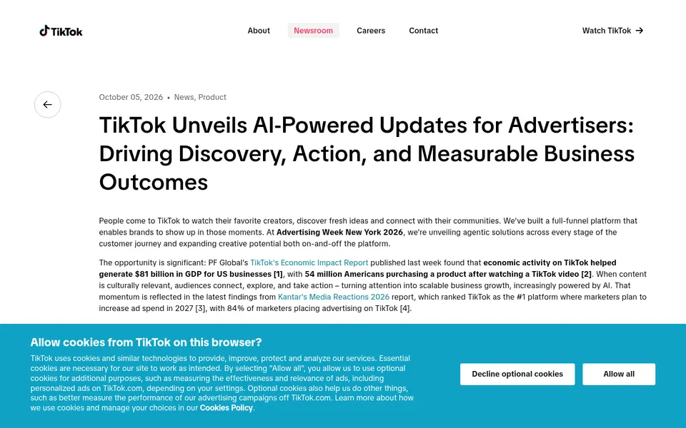Screenshot of the TikTok Newsroom article 'TikTok Unveils AI-Powered Updates for Advertisers' with a cookie consent banner covering the bottom of the page.