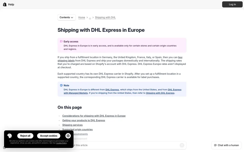 Shopify Help Center page titled Shipping with DHL Express in Europe, marked as early access, with a cookie consent banner overlaid at the bottom left.