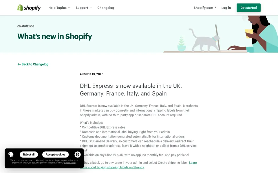 Shopify Changelog page announcing DHL Express is now available in the UK, Germany, France, Italy, and Spain, with a cookie consent banner at bottom left.