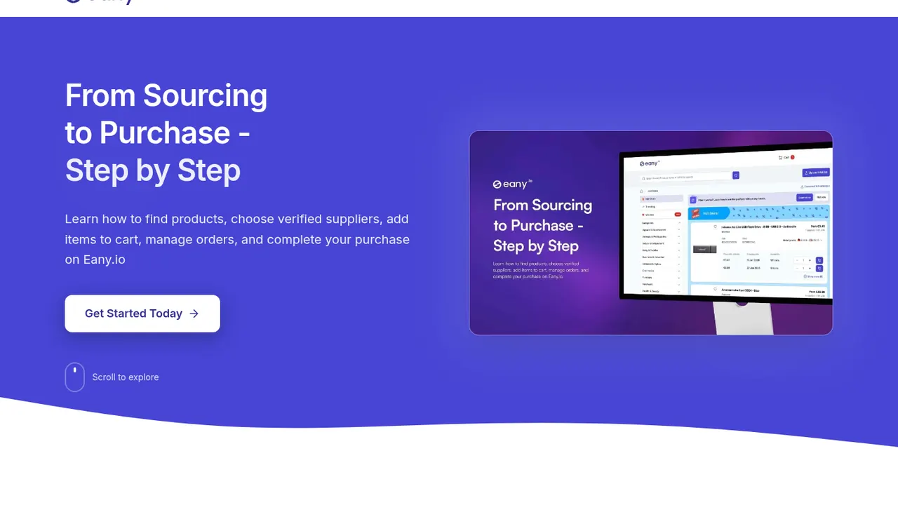 Eany.io landing page with headline 'From Sourcing to Purchase - Step by Step' beside a monitor showing the platform's dashboard.