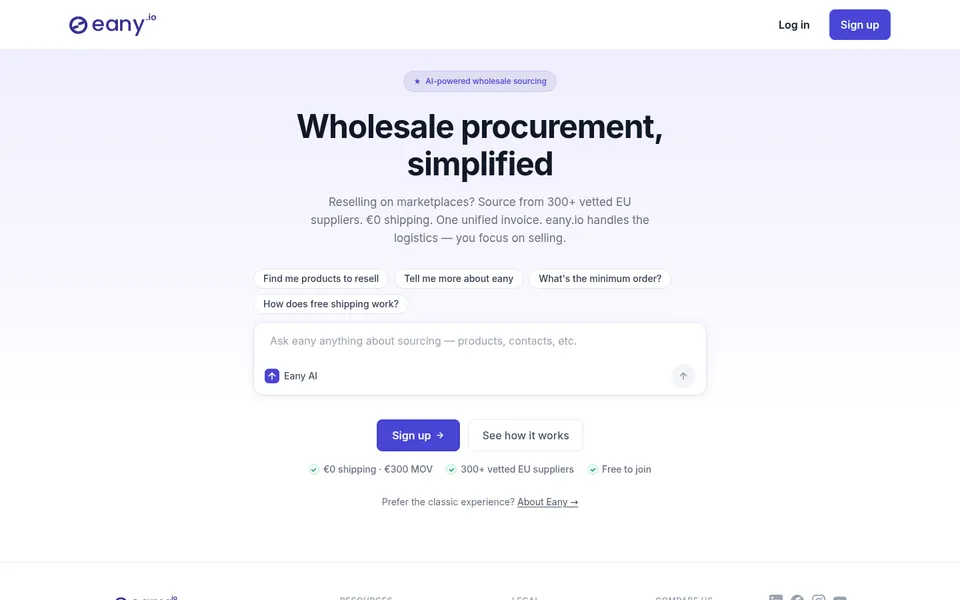 Eany.io homepage showing the headline 'Wholesale procurement, simplified' with text about 300+ vetted suppliers, €0 shipping, and a sign-up button.